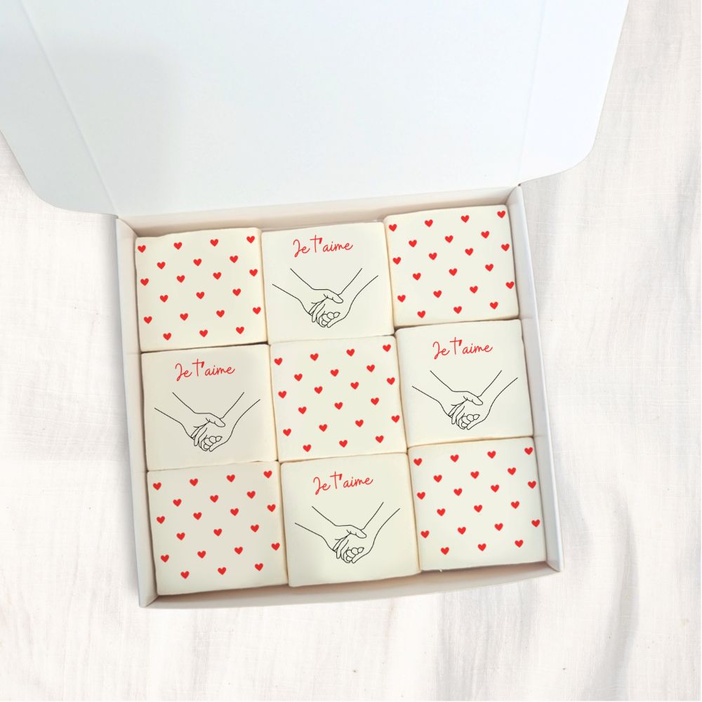 Guimauves je t'aime Coffret je t’aime de 9 guimauves décorées de cœurs et message amoureux, cadeau romantique gourmand pour couple et Saint-Valentin.