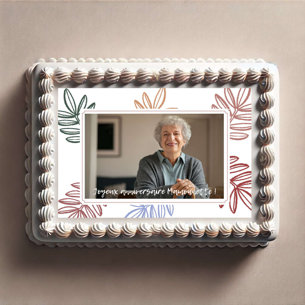 Photo pour gâteau avec message personnalisé et motifs colorés