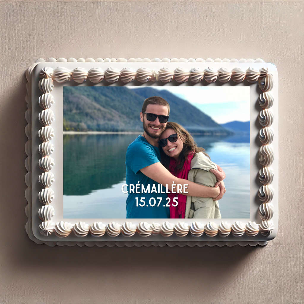 Décor en sucre rectangle A4 avec photo et texte pour gâteau personnalisé